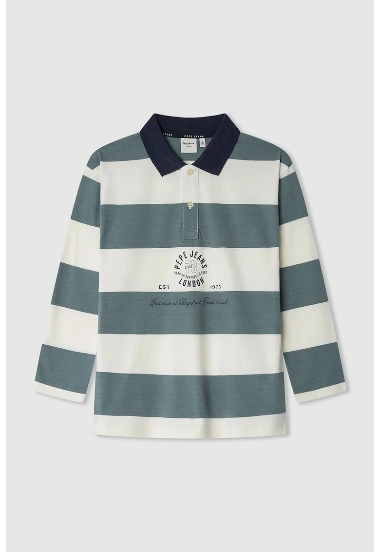 Bluza polo cu dungi, Alb fildes/Albastru petrol