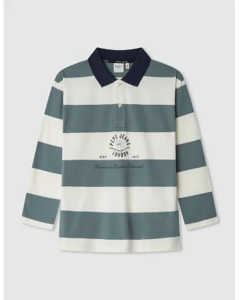 Bluza polo cu dungi, Alb fildes/Albastru petrol