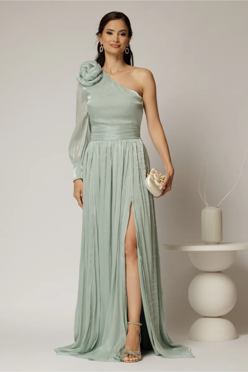 Rochie DY Fashion verde mint pe un umar cu detaliu floral amplu din voal peliculizat