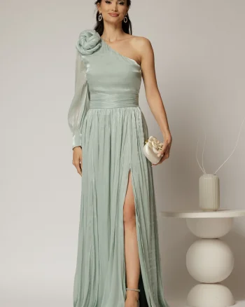 Rochie DY Fashion verde mint pe un umar cu detaliu floral amplu din voal peliculizat