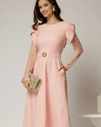 Rochie midi roz cu maneci din dantela si cordon detasabil