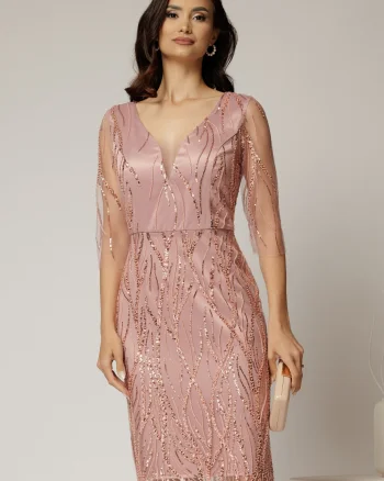 Rochie midi conica roz din tull cu paiete