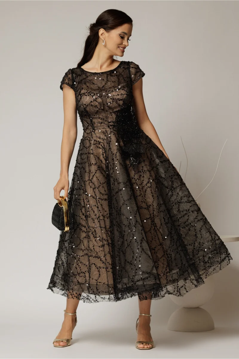 Rochie midi neagra de ocazie din dantela cu paiete si perle