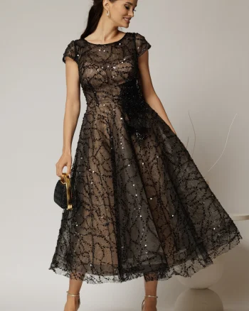 Rochie midi neagra de ocazie din dantela cu paiete si perle