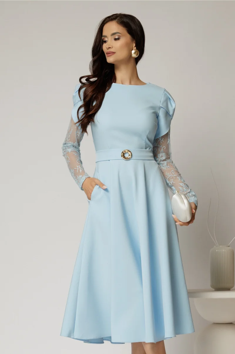Rochie midi bleu cu maneci din dantela si cordon detasabil