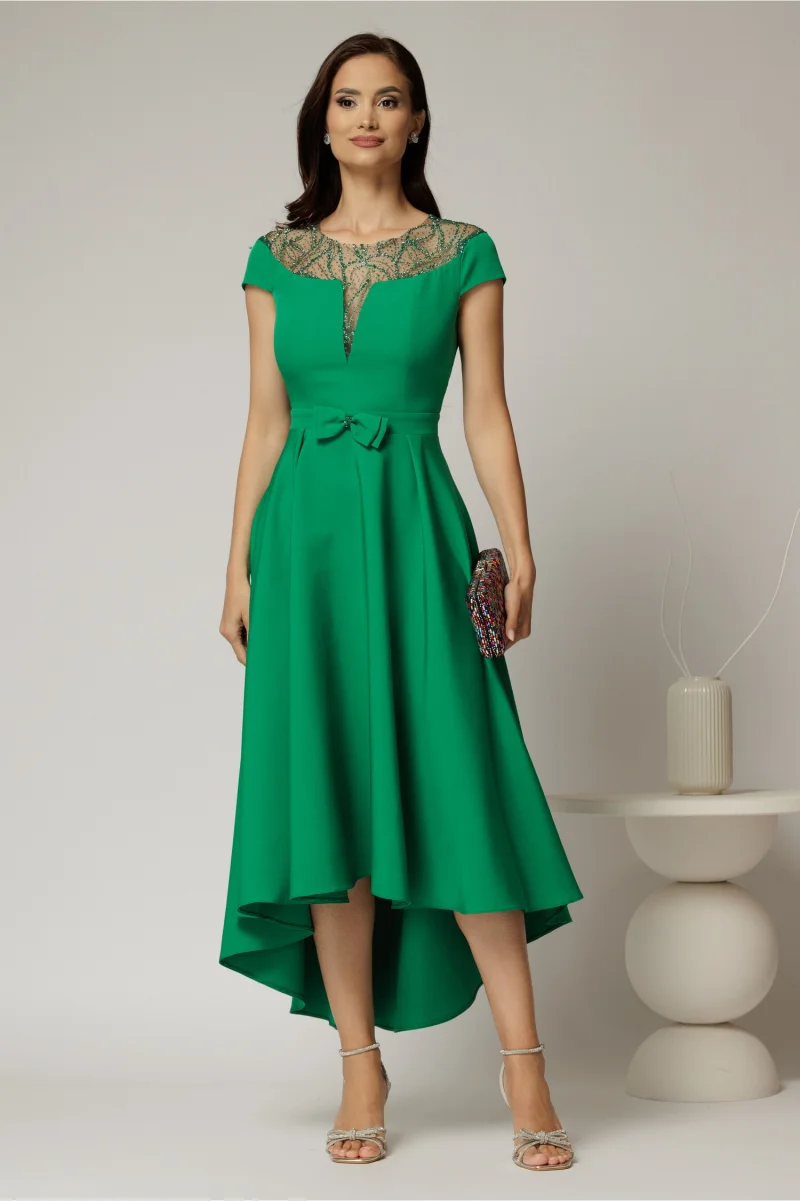Rochie DY Fashion asimetrica verde cu funda in talie si aplicatii la decolteu
