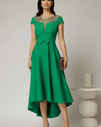 Rochie DY Fashion asimetrica verde cu funda in talie si aplicatii la decolteu