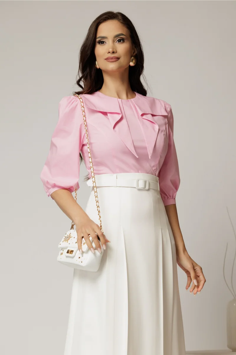 Bluza DY Fashion roz din poplin cu guler amplu