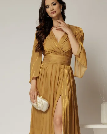 Rochie DY Fashion aurie de ocazie din voal peliculizat cu maneci crapate