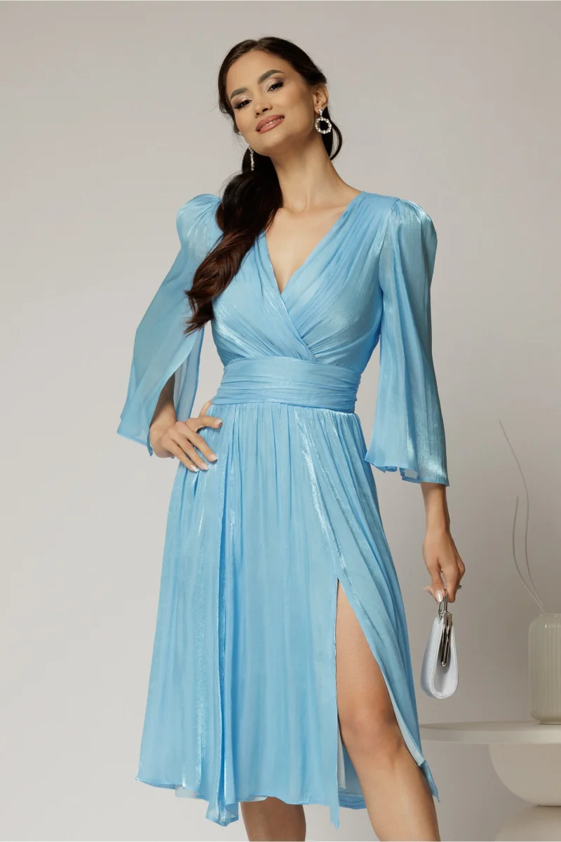 Rochie DY Fashion bleu de ocazie din voal peliculizat cu maneci crapate