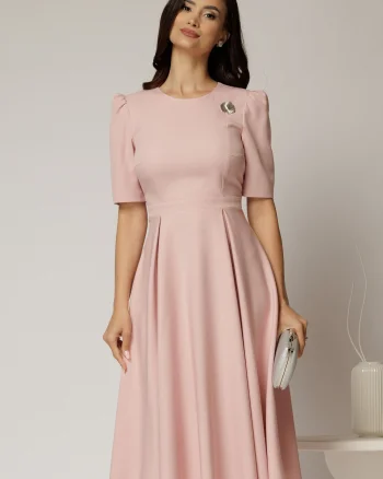 Rochie DY Fashion roz midi cu pliuri pe fusta si design cu detaliu la bust