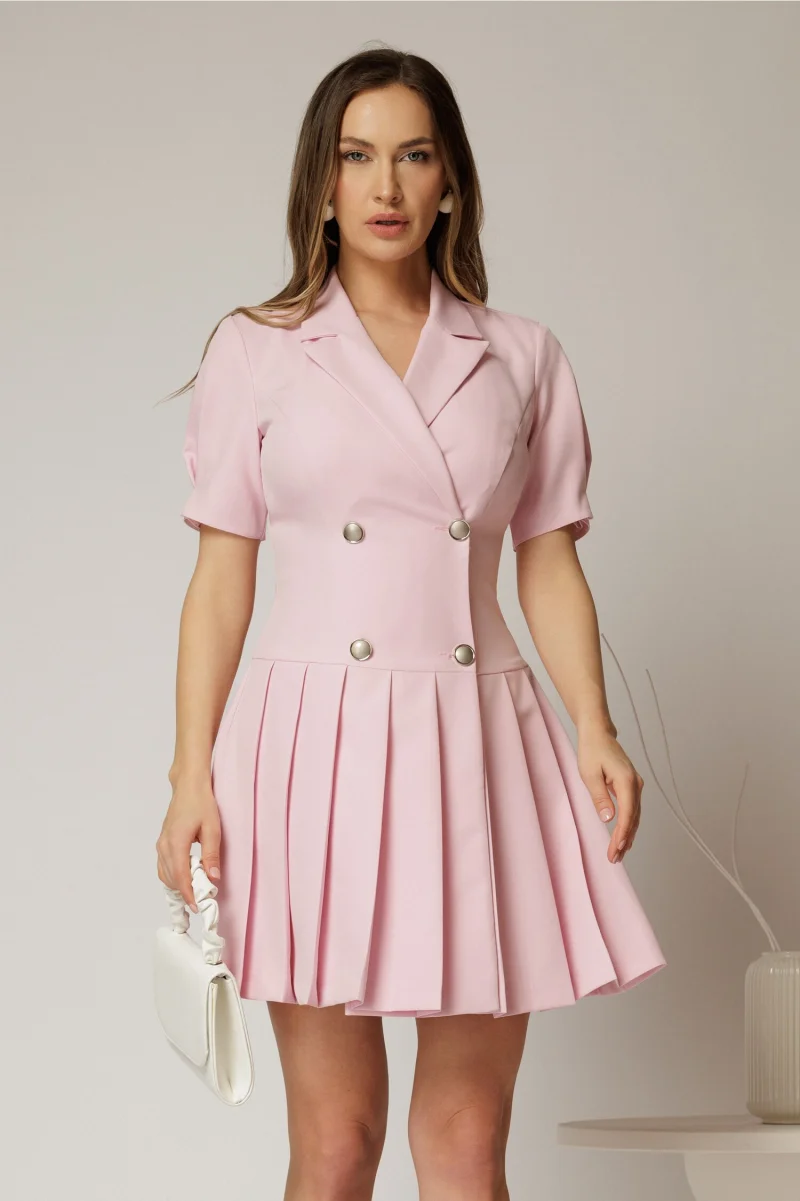 Rochie scurta roz tip sacou cu pliuri pe fusta