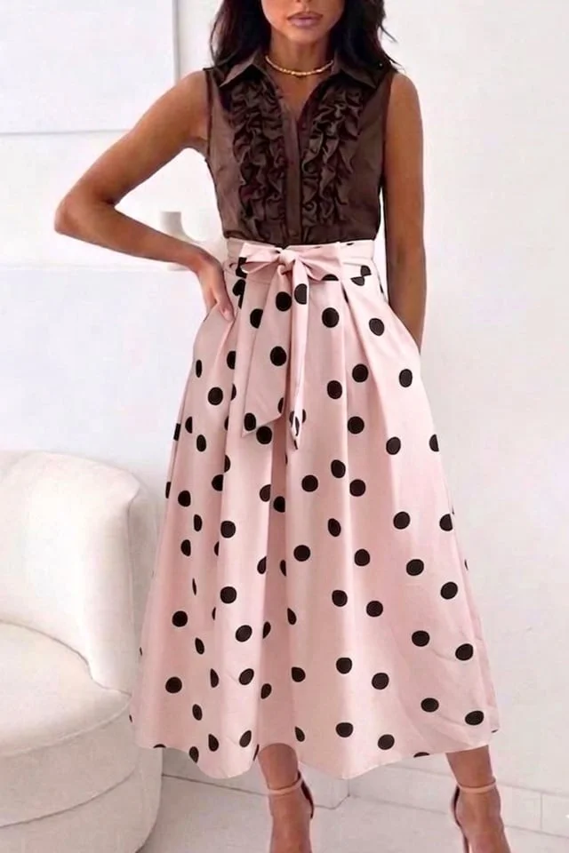 Rochie eleganta cu buline NORINE, funda in talie si buzunare, Roz, Marime S/M/L