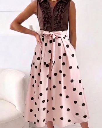 Rochie eleganta cu buline NORINE, funda in talie si buzunare, Roz, Marime S/M/L