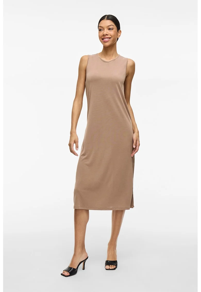 Rochie midi din amestec de modal cu slit lateral, Bej