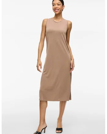 Rochie midi din amestec de modal cu slit lateral, Bej