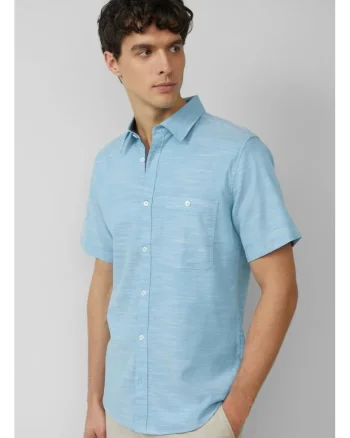 Camasa cu maneca scurta barbati, croiala Slim Fit si design cu un singur buzunar, Albastru deschis