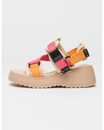 Sandale cu talpa wedge si catarama Decorum, Roz deschis/Maro nisip