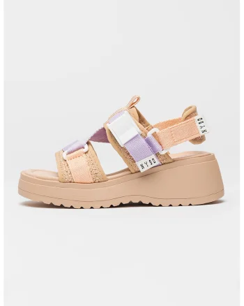 Sandale cu talpa wedge si catarama Decorum, Maro nisip/Lila