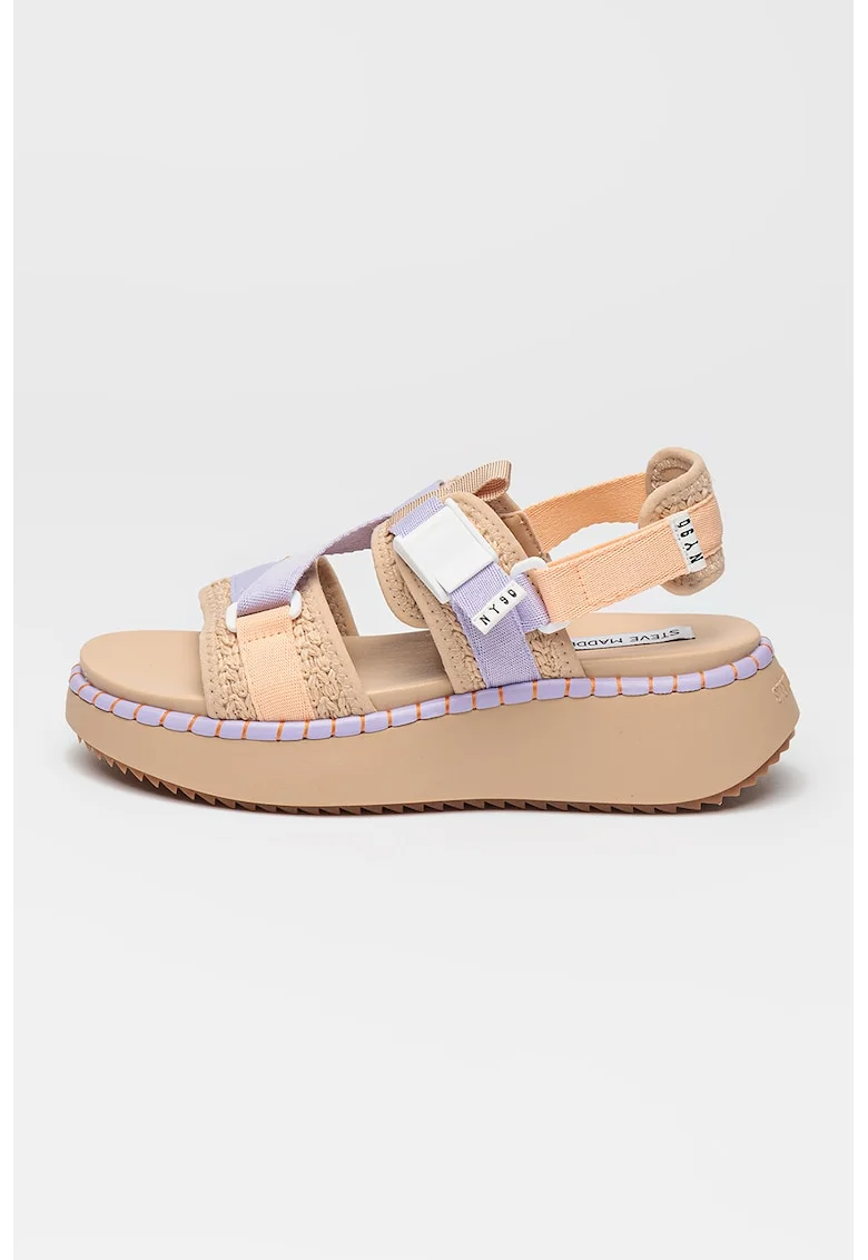 Sandale cu talpa wedge si inchidere velcro Decorum, Maro nisip/Lila