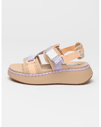 Sandale cu talpa wedge si inchidere velcro Decorum, Maro nisip/Lila