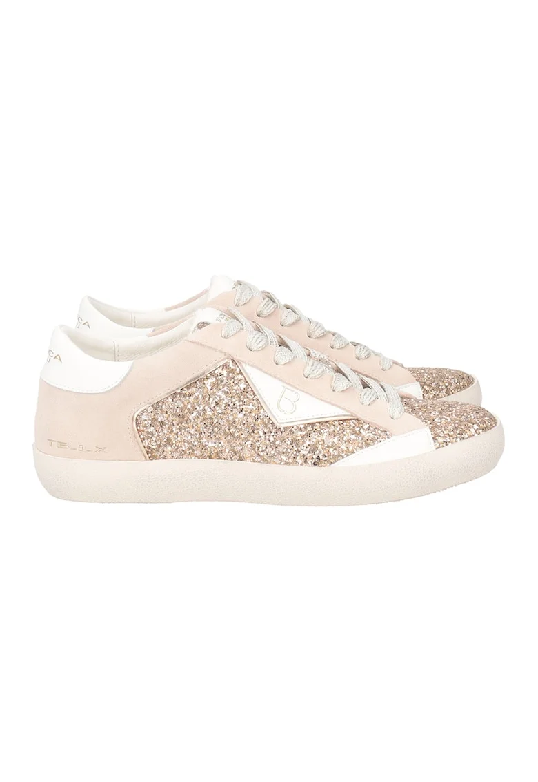 Pantofi sport din piele lacuita, Auriu/Roz pastel/Alb murdar