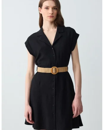 Rochie din amestec de in cu croiala in A si curea in talie, Negru/Negru stins