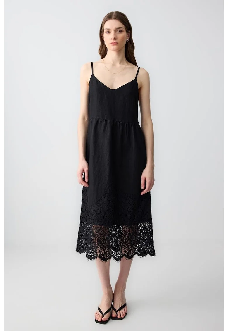 Rochie midi de in cu bretele subtiri, Negru