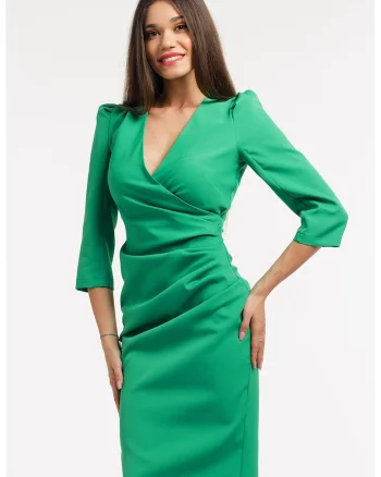 Rochie midi cambrata cu deoclteu in V, Verde