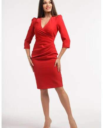 Rochie midi cambrata cu deoclteu in V, Rosu vermillion