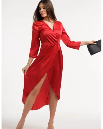 Rochie din satin cu decolteu in V, Rosu vermillion
