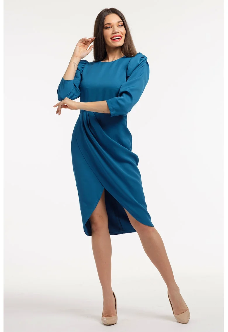 Rochie midi cu maneci bufante, Albastru petrol