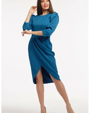 Rochie midi cu maneci bufante, Albastru petrol