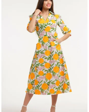Rochie midi cu decolteu in V, Alb/Verde/Portocaliu