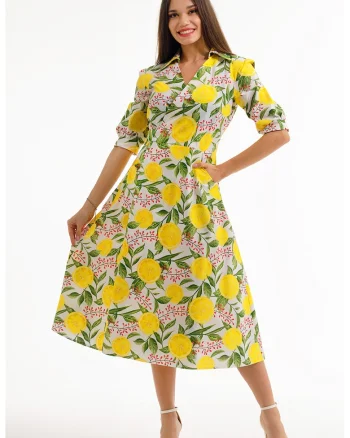 Rochie midi cu decolteu in V, Alb/Verde/Galben sofran