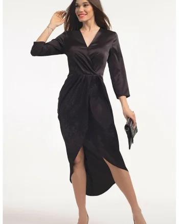 Rochie din satin cu decolteu in V, Negru