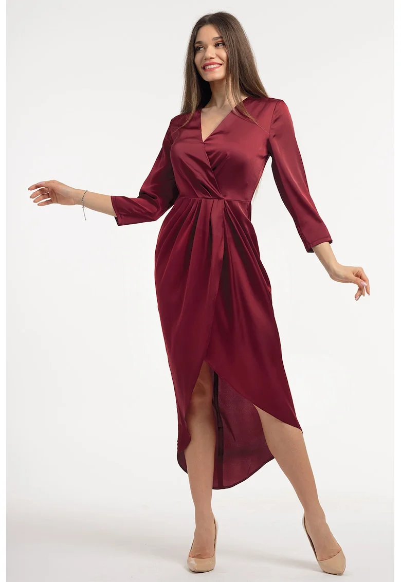 Rochie din satin cu decolteu in V, Visiniu