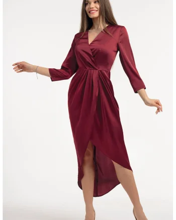 Rochie din satin cu decolteu in V, Visiniu