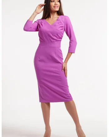 Rochie midi cu decolteu in V si slit pe spate, Roz fandango