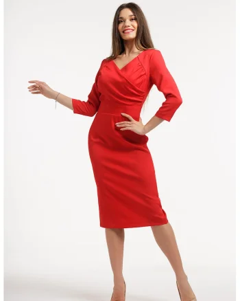 Rochie midi cu decolteu in V si slit pe spate, Rosu vermillion