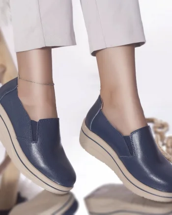 Pantofi cu platforma latifa piele naturala albastru