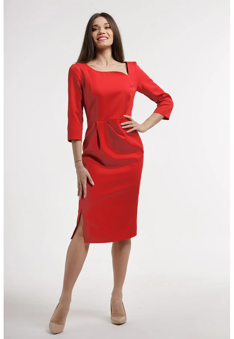 Rochie midi cu slit lateral, Rosu vermillion
