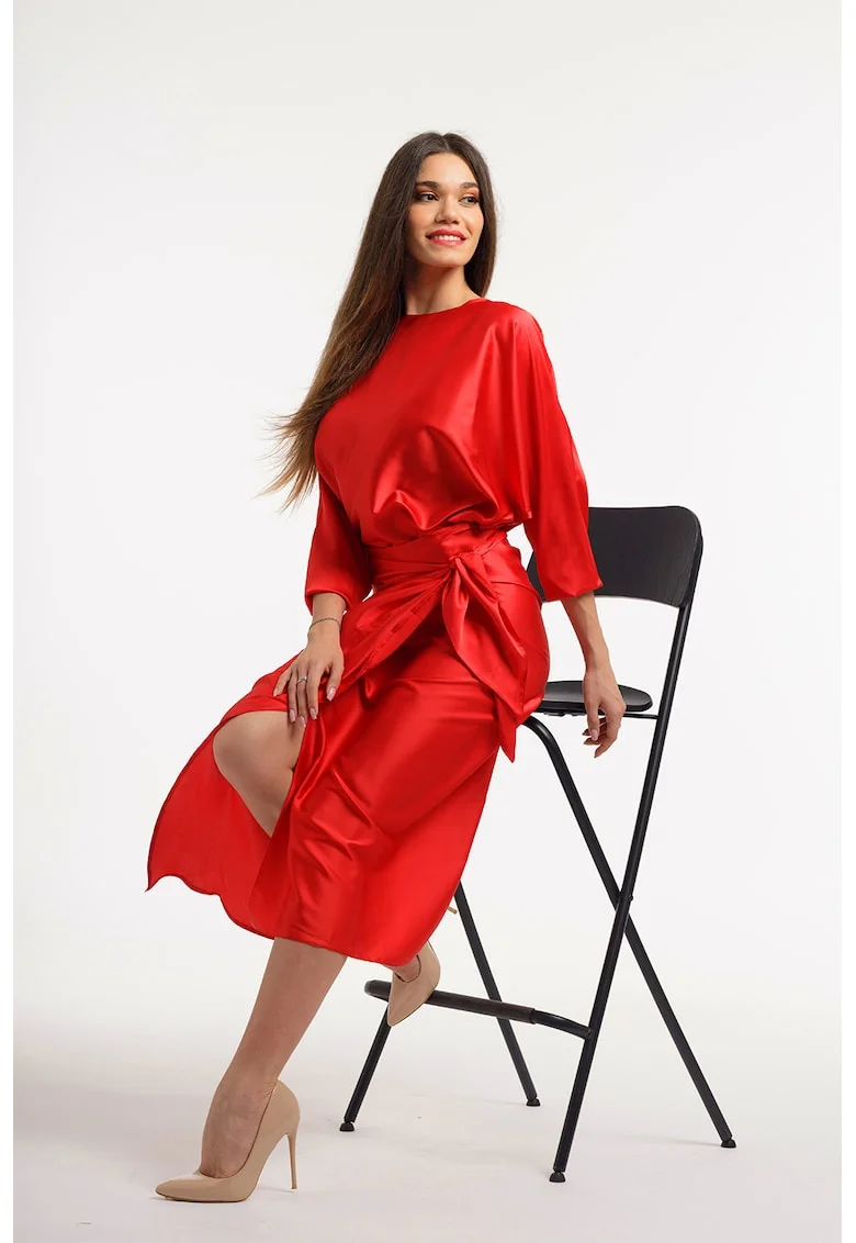 Rochie petrecuta cu slit pe partea din fata, Rosu vermillion
