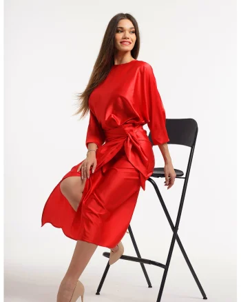 Rochie petrecuta cu slit pe partea din fata, Rosu vermillion