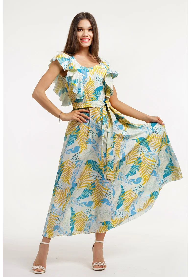Rochie midi cu croiala in A , model si cordon in talie, Alb fildes/Turcoaz/Galben mustar