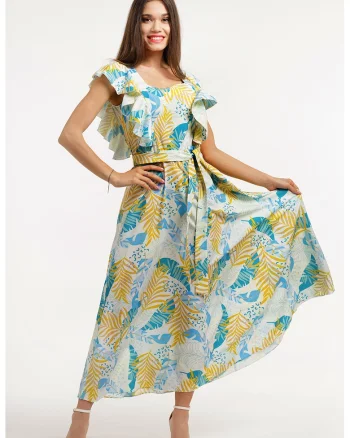 Rochie midi cu croiala in A , model si cordon in talie, Alb fildes/Turcoaz/Galben mustar