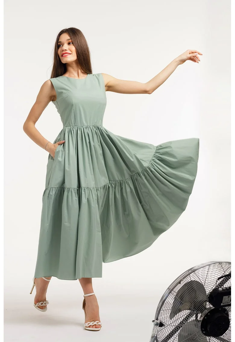Rochie evazata fara maneci cu buzunare laterale, Verde sparanghel