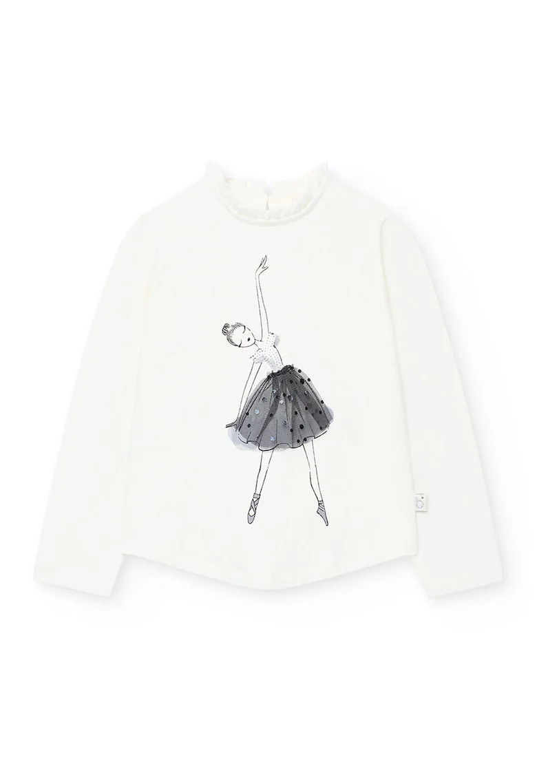 Bluza cu design grafic si decolteu la baza gatului, Alb