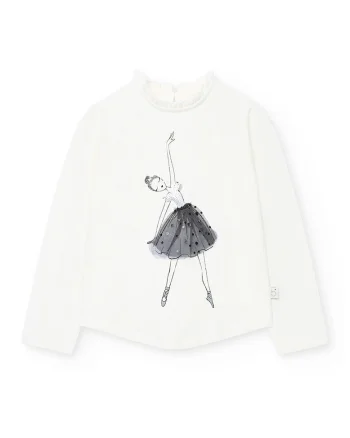 Bluza cu design grafic si decolteu la baza gatului, Alb