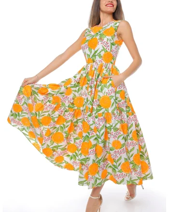 Rochie evazata fara maneci cu buzunare laterale, Alb/Verde/Portocaliu
